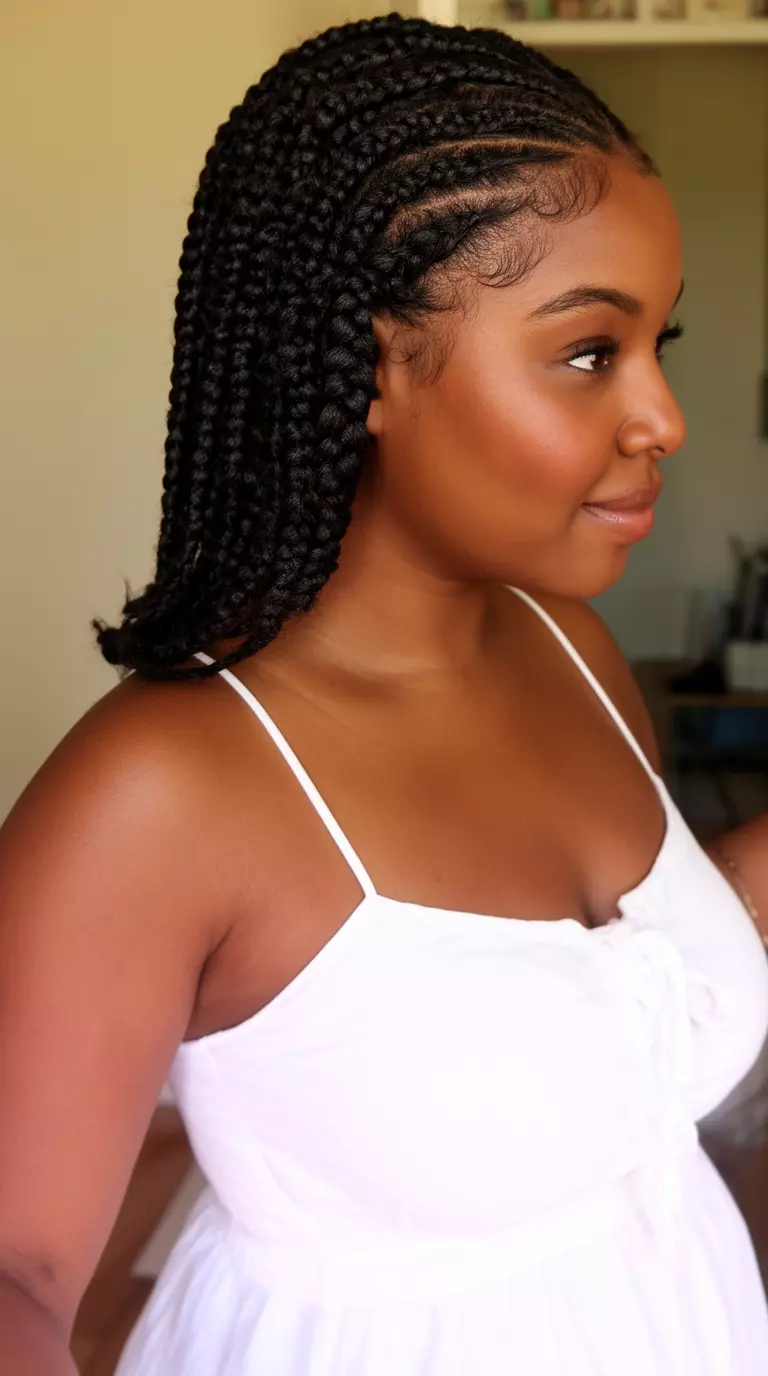 casual close-up photo of a 29-year-old black woman wearing a white sundress with side-swept cornrow braids, side view