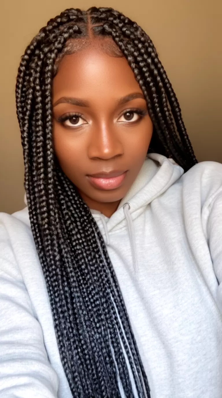 selfie of a 28-year-old black woman wearing a light gray hoodie with sleek, high-shine architectural braids