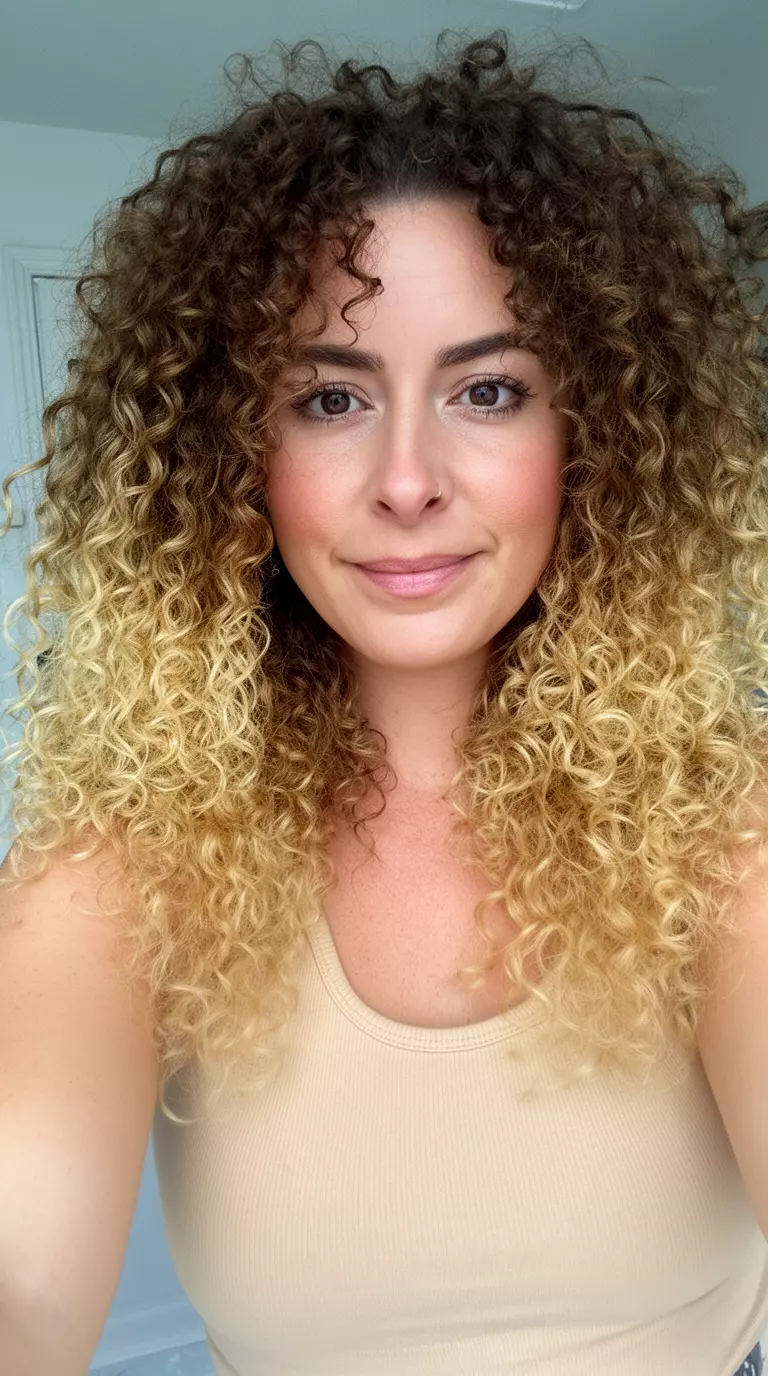selfie of a 34-year-old woman wearing a beige tank top with voluminous, curly, brown hair and bright blonde highlights, minimal background