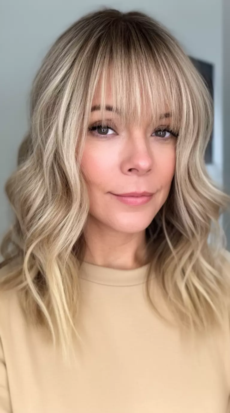 casual close-up photo of a 30-year-old woman wearing a beige top with medium-length, wavy blonde hair featuring face-framing layers and long bangs, minimal background