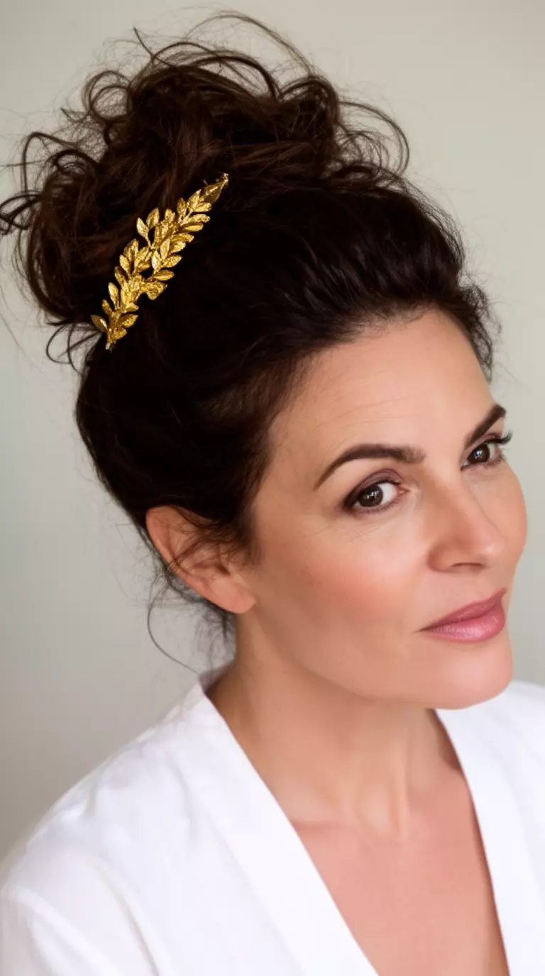 casual close-up photo of a 42-year-old woman wearing a white garment with dark brown hair in a voluminous, messy high bun with a gold leafy hair clip, minimal background