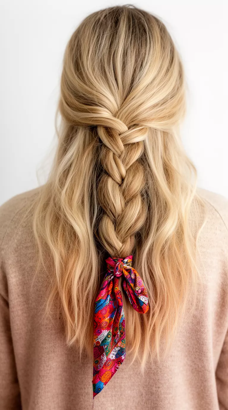 casual close-up photo of a 35-year-old woman wearing a beige sweater with long, wavy, blonde hair and a colorful scarf tied into a loose braid, back view, minimal background
