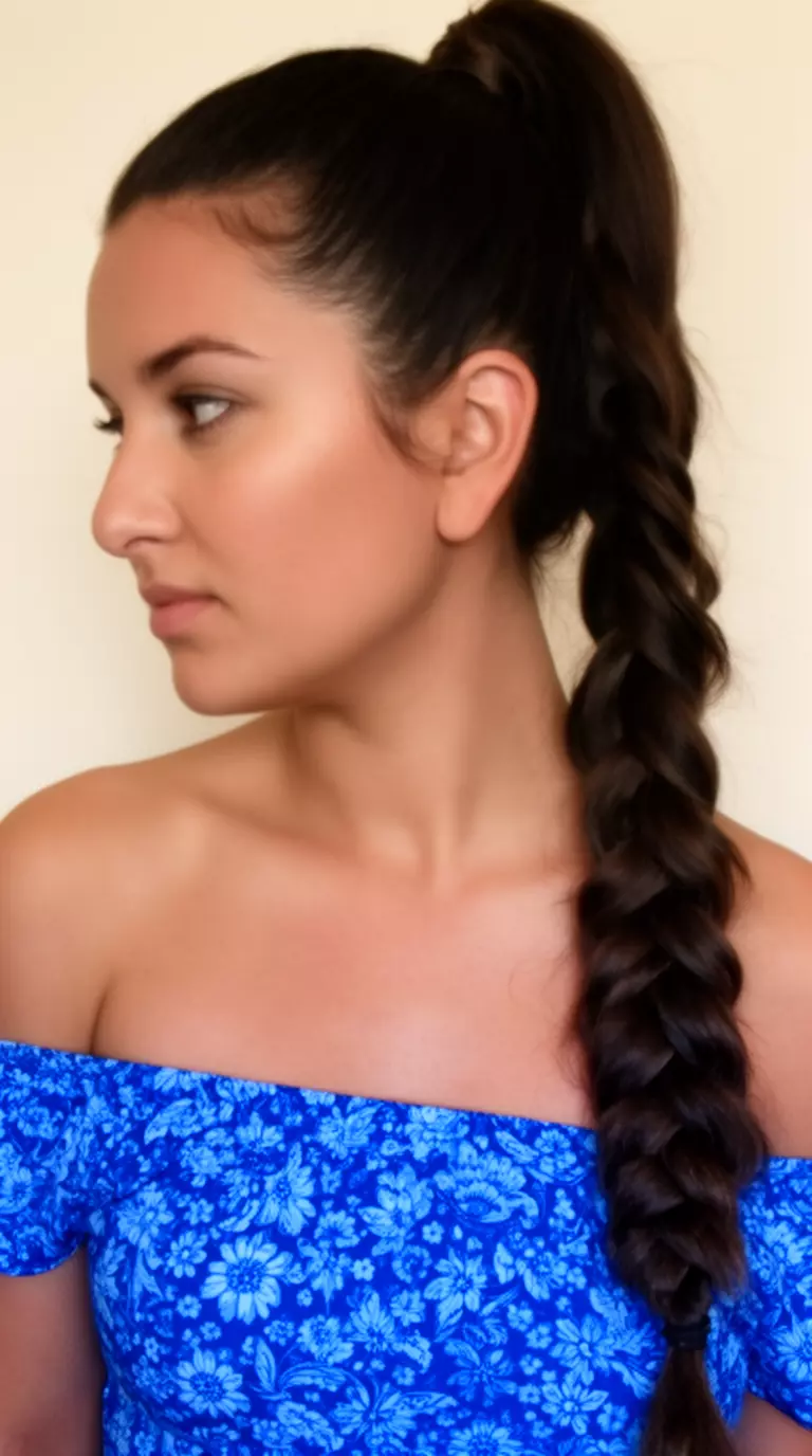 casual close-up photo of a 28-year-old woman wearing an off-the-shoulder blue floral top with dark hair in a sleek, high ponytail and a long, voluminous braid, profile view, minimal background