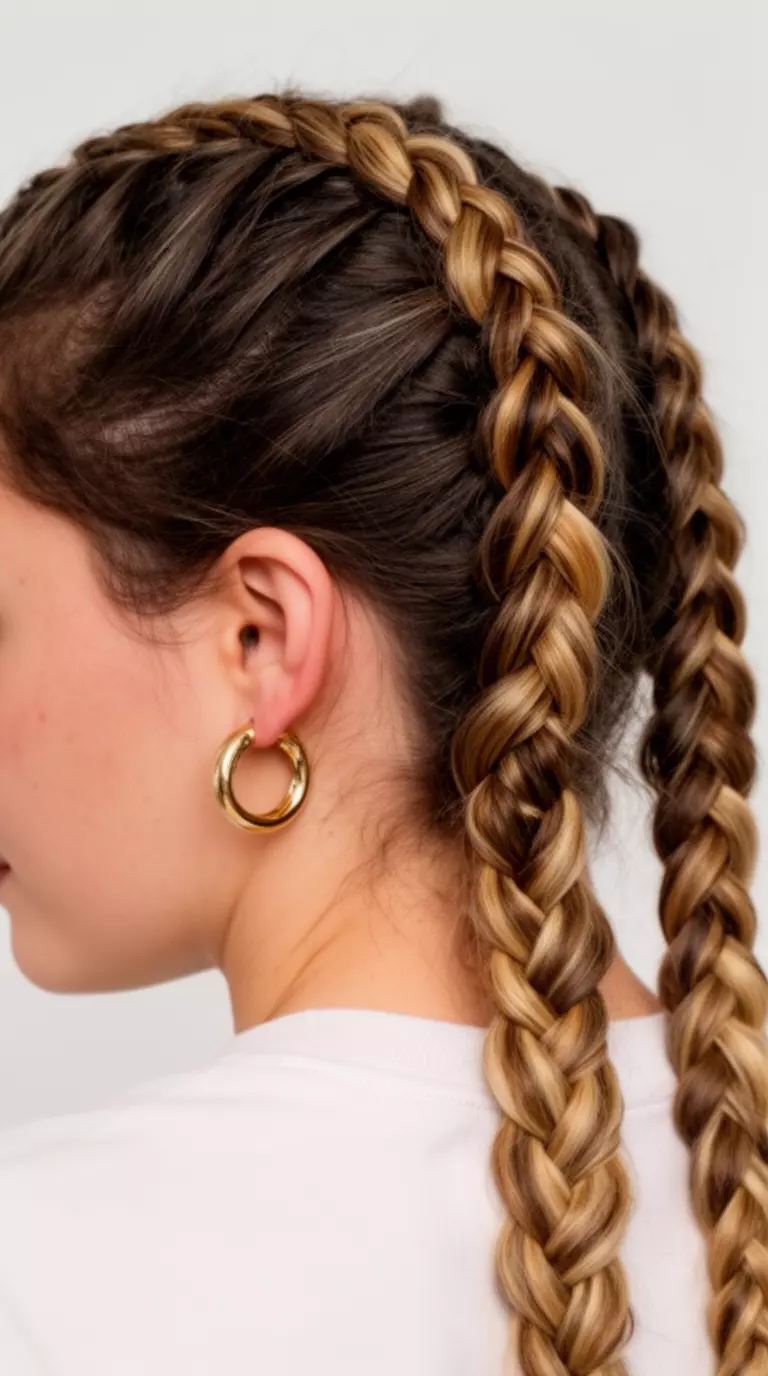 casual close-up photo of a 30-year-old woman wearing gold hoop earrings with brown and blonde highlighted hair in two prominent Dutch braids, back view, minimal background