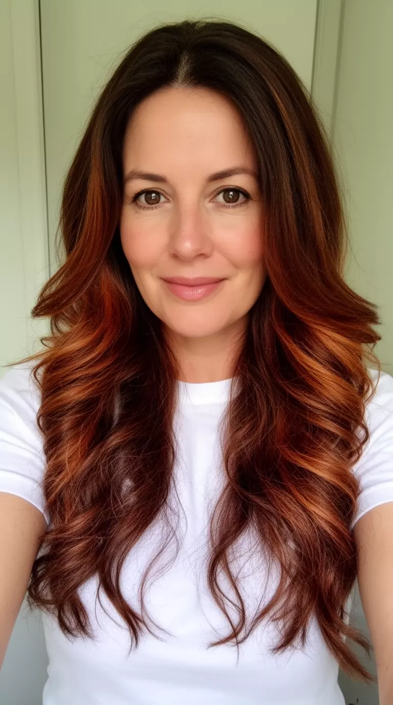 selfie of a 36-year-old woman wearing a white t-shirt with long, voluminous, rich brown hair featuring auburn highlights, minimal background
