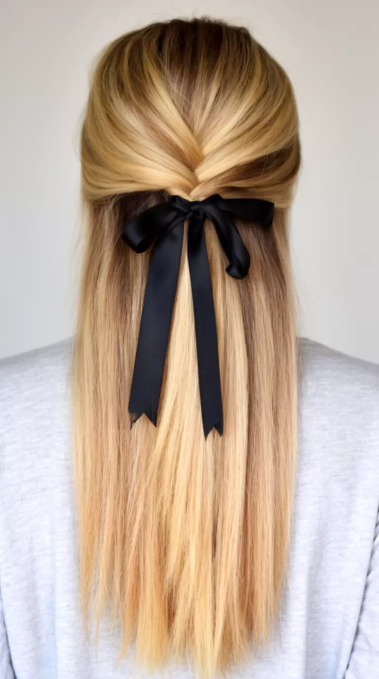 casual close-up photo of a 30-year-old woman wearing a light gray top with long, straight, blonde hair styled half-up with a twist and a black satin ribbon, back view, minimal background