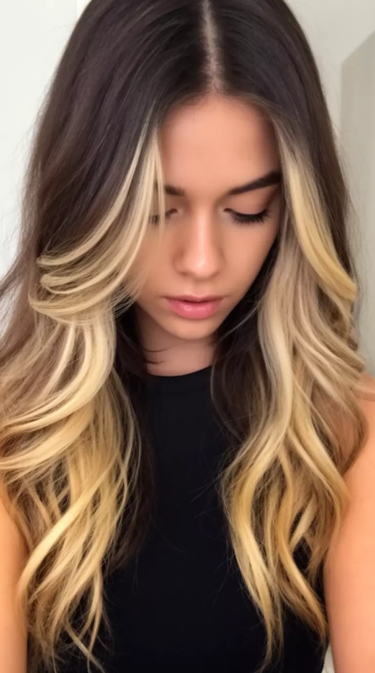 casual close-up photo of a 27-year-old woman wearing a black top with long, dark brown hair and bold blonde highlights in soft waves, looking down, minimal background