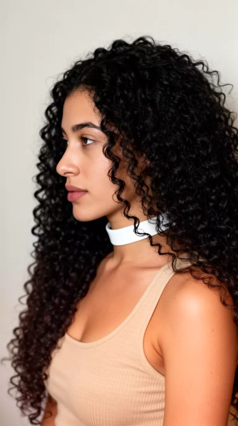 casual close-up photo of a 33-year-old woman wearing a beige top with very long, dark, tightly curled hair and a white choker, profile view, minimal background