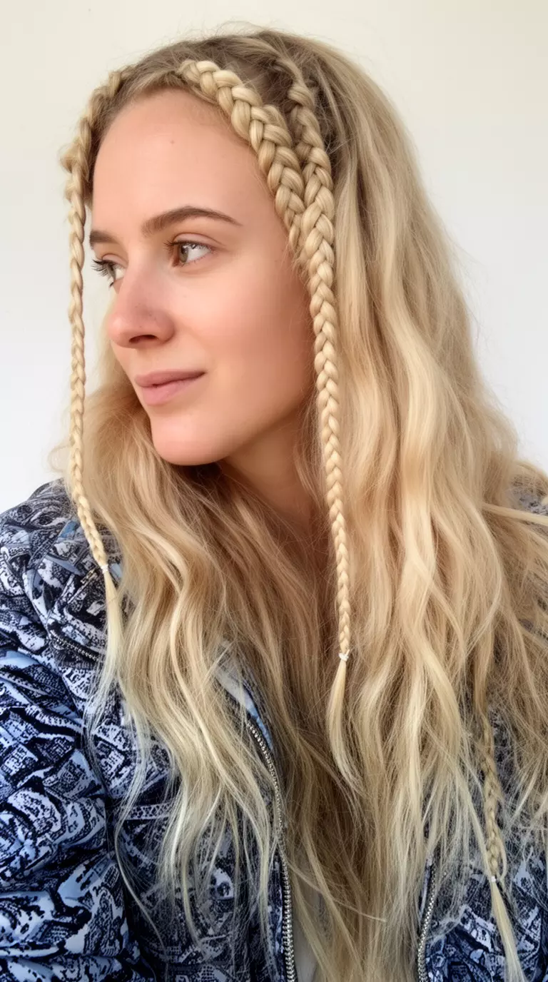 casual close-up photo of a 29-year-old woman wearing a patterned jacket with long, wavy blonde hair and blonde Dutch braids framing the face, profile view, minimal background