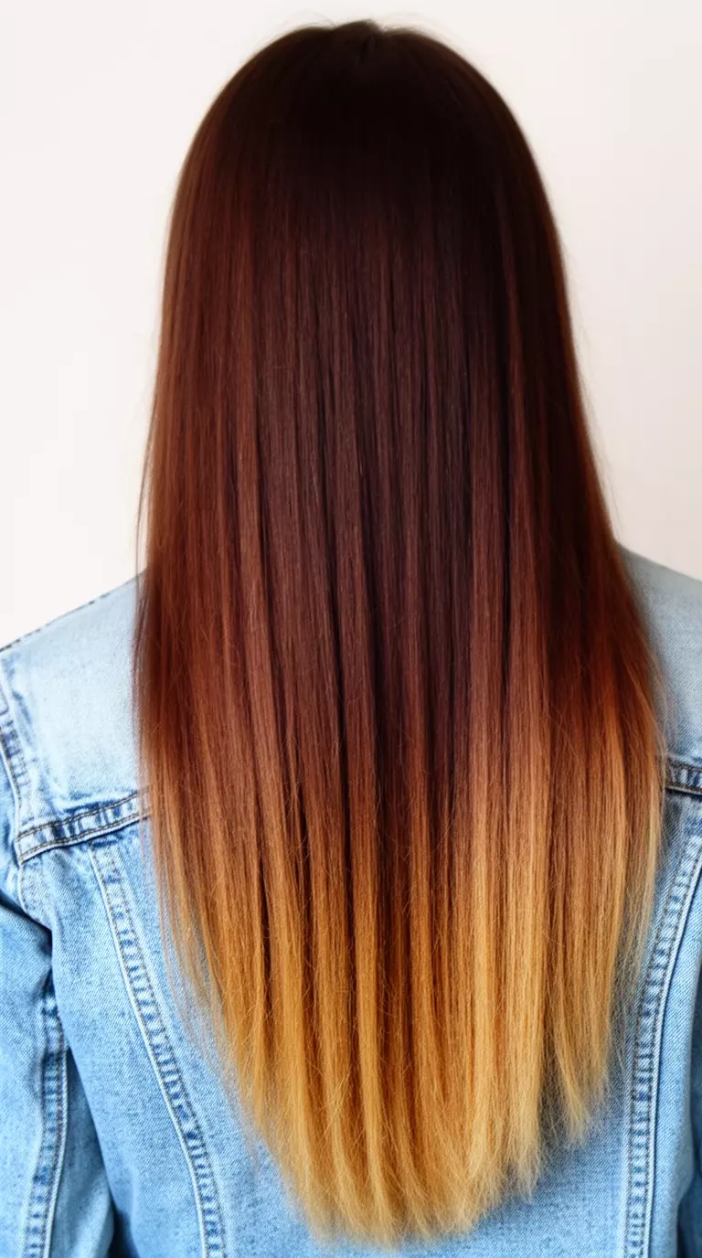 casual close-up photo of a 26-year-old woman wearing a light blue denim jacket with long, straight, rich brown hair that transitions to lighter ends, back view, minimal background