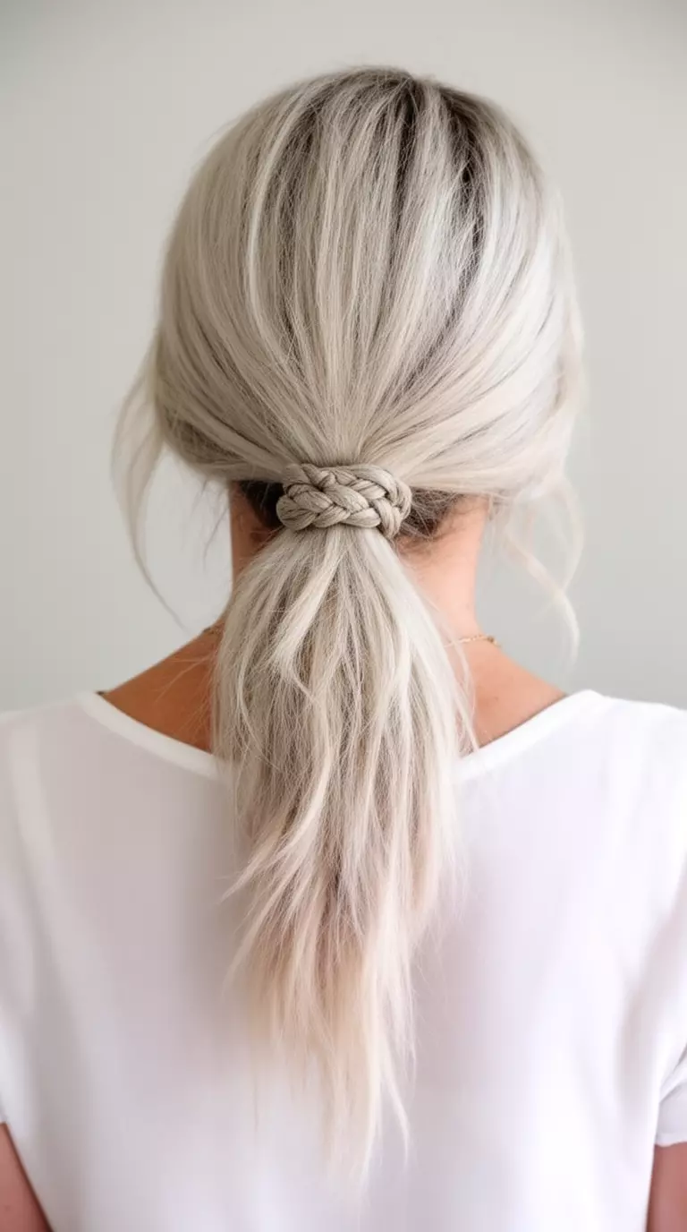 casual close-up photo of a 39-year-old woman wearing a white top with long, platinum blonde hair in a loose, low ponytail with a hair wrap knot, back view, minimal background