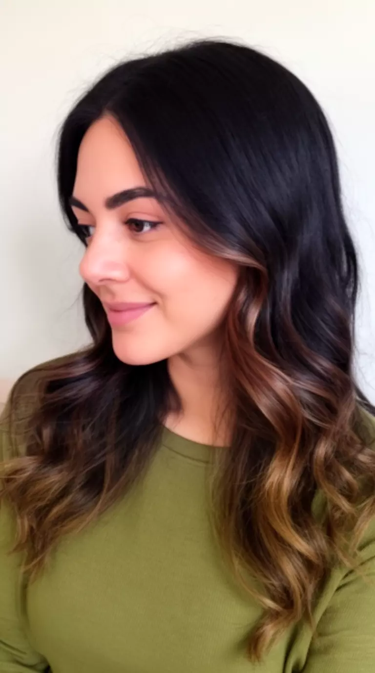 casual close-up photo of a 33-year-old woman wearing an olive green top with long, dark, wavy hair with cool-toned brown highlights, side view, minimal background