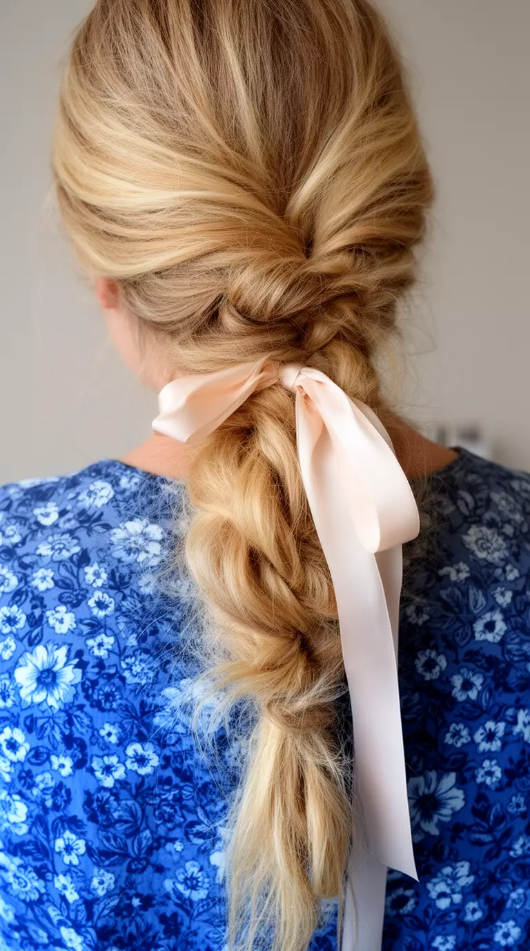 casual close-up photo of a 37-year-old woman wearing a blue floral top with blonde hair in a voluminous, messy braid interwoven with a light satin ribbon, back view, minimal background