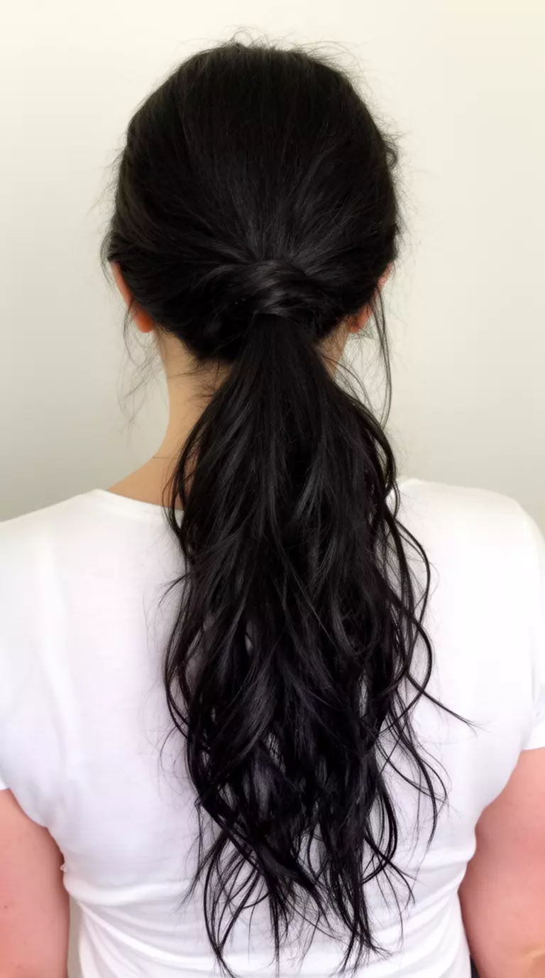 casual close-up photo of a 41-year-old woman wearing a white top with long, dark, voluminous hair in a messy, low fishtail ponytail, back view, minimal background