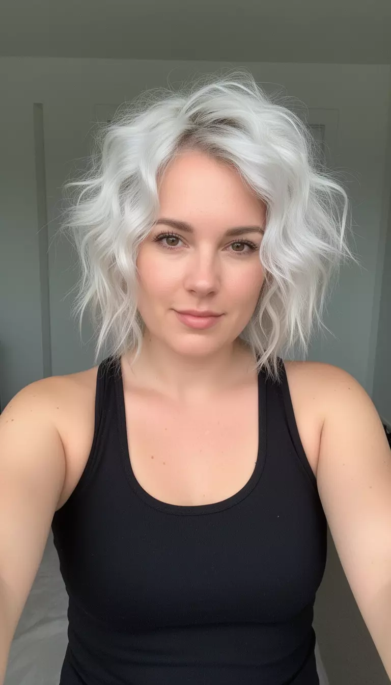 selfie of a 31-year-old woman wearing a black tank top with short, platinum blonde, tousled, wavy hair, minimal background
