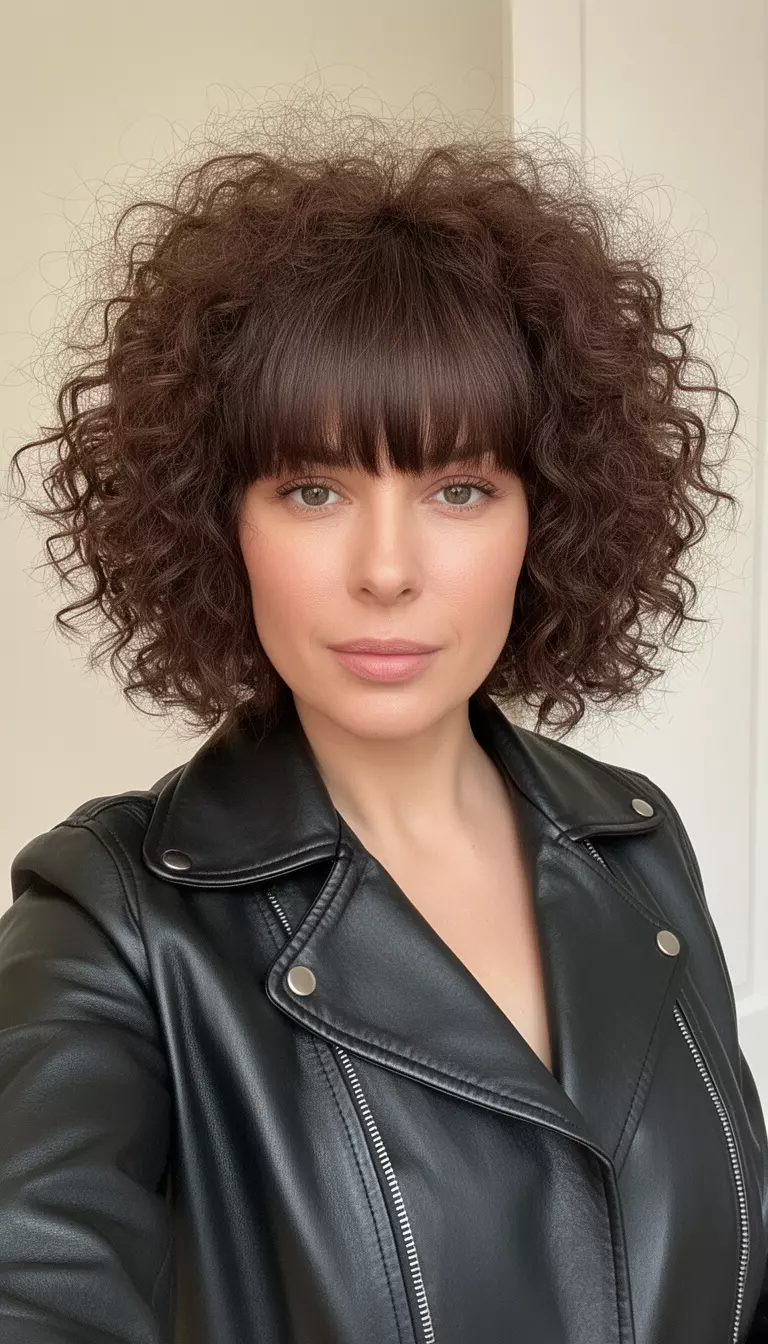 selfie of a 30-year-old woman wearing a black leather jacket with voluminous, dark brown, short curly hair and bangs, minimal background