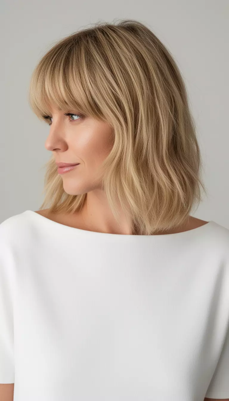 casual close-up photo of a 31-year-old woman wearing a white boatneck top with blonde, layered, medium-length hair featuring face-framing bangs, side view, minimal background