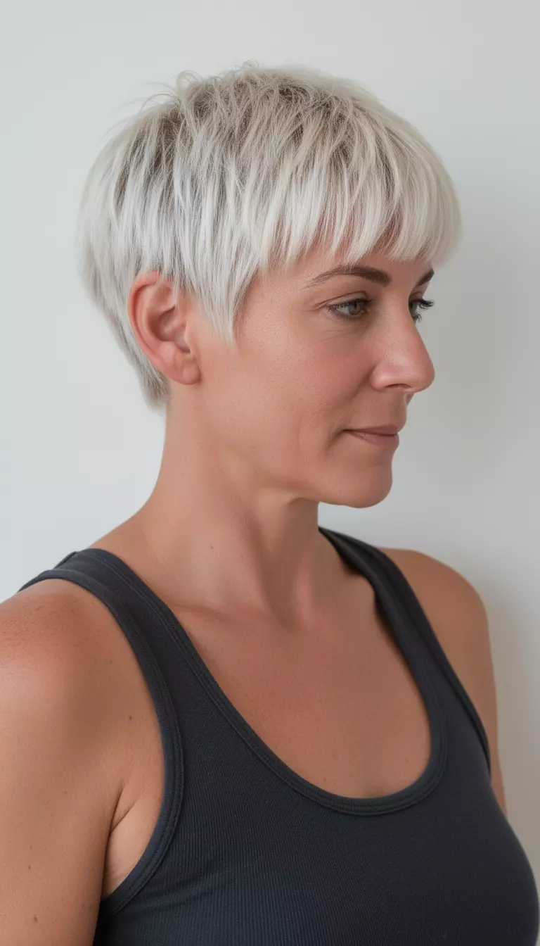 casual close-up photo of a 38-year-old woman wearing a dark tank top with a very short, platinum blonde, textured hair and dense bangs, profile view, minimal background