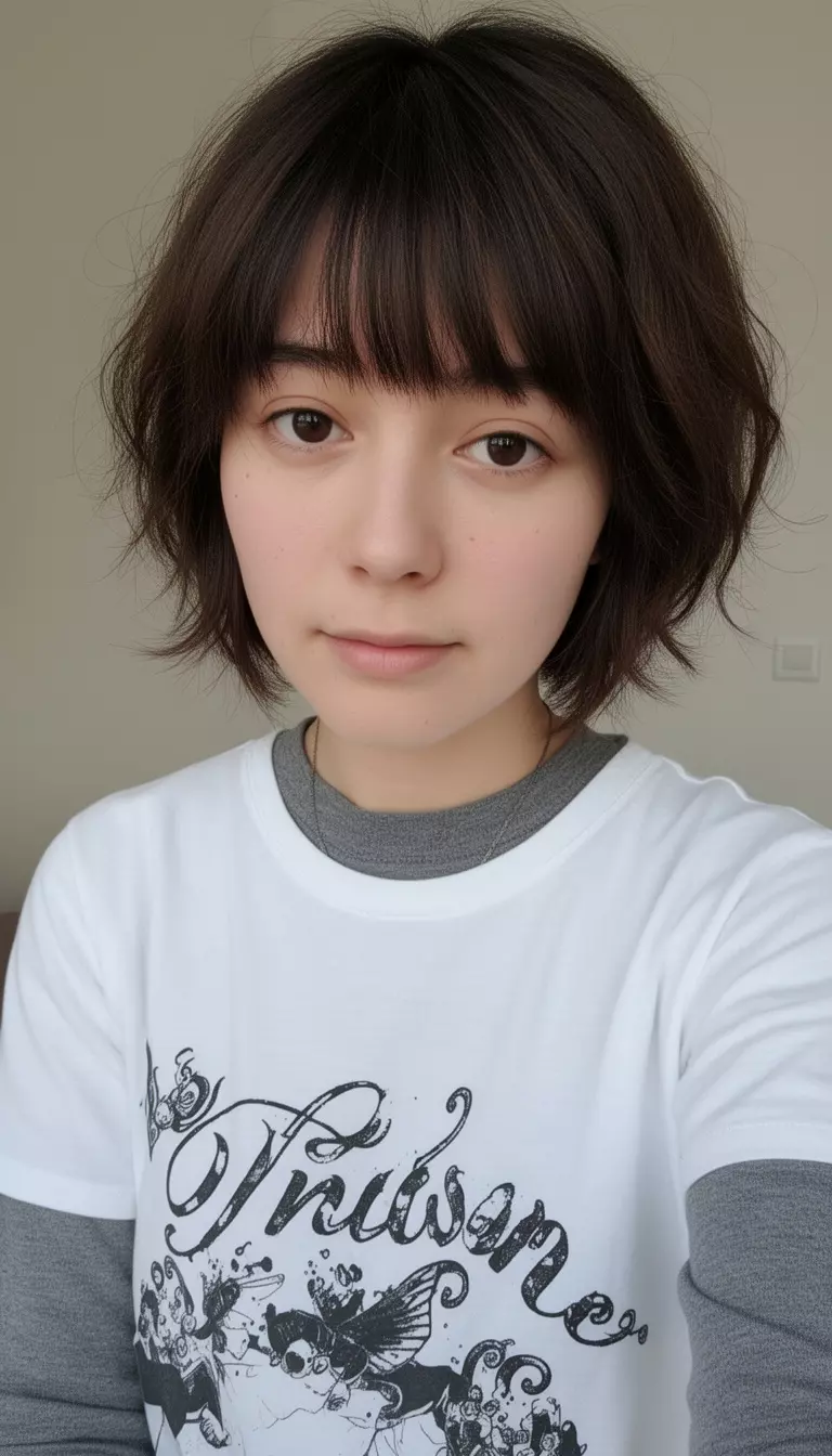 casual close-up photo of a 26-year-old woman wearing a white graphic tee over a grey long-sleeve top with short, dark brown, slightly tousled hair and bangs, minimal background