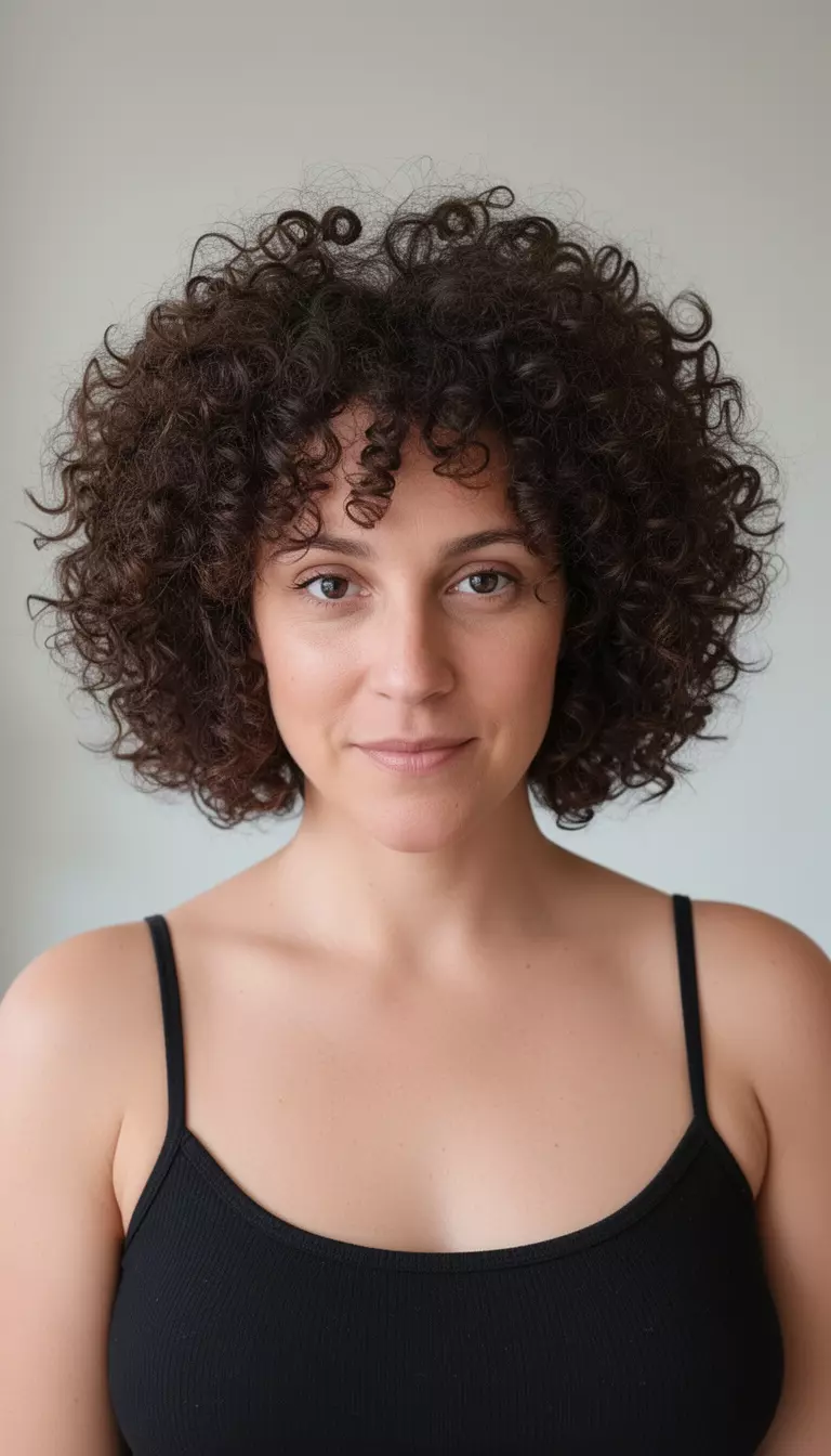 casual close-up photo of a 37-year-old woman wearing a black spaghetti strap top with very voluminous dark brown curls forming a short style, minimal background