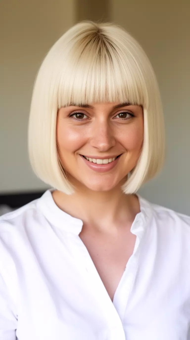 casual close-up photo of a 27-year-old woman wearing a white blouse with a very straight, pale blonde, blunt-cut bob, she is smiling, minimal background