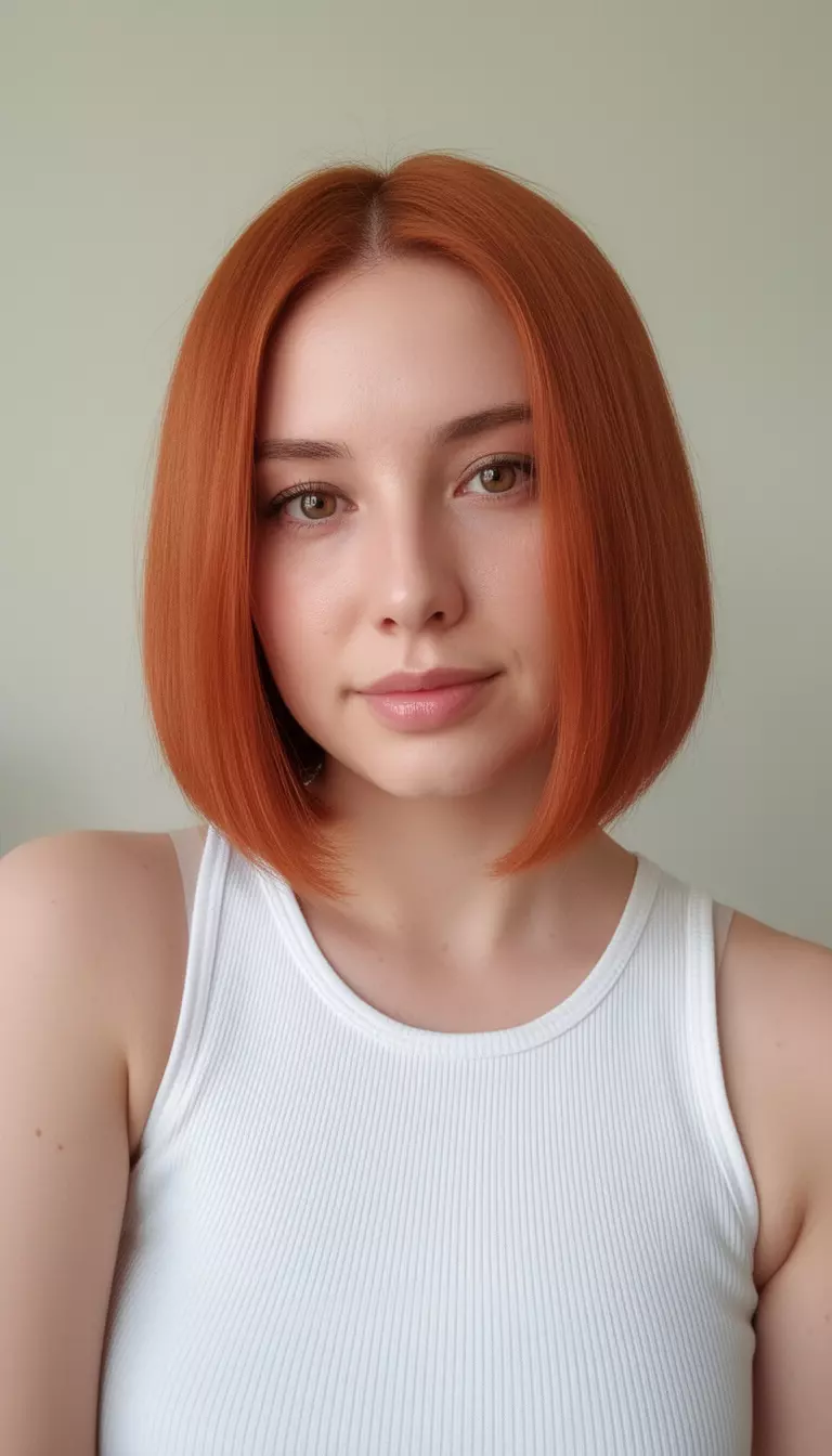 casual close-up photo of a 33-year-old woman wearing a white ribbed tank top with a smooth, shiny, medium-length bob dyed a warm copper color, minimal background
