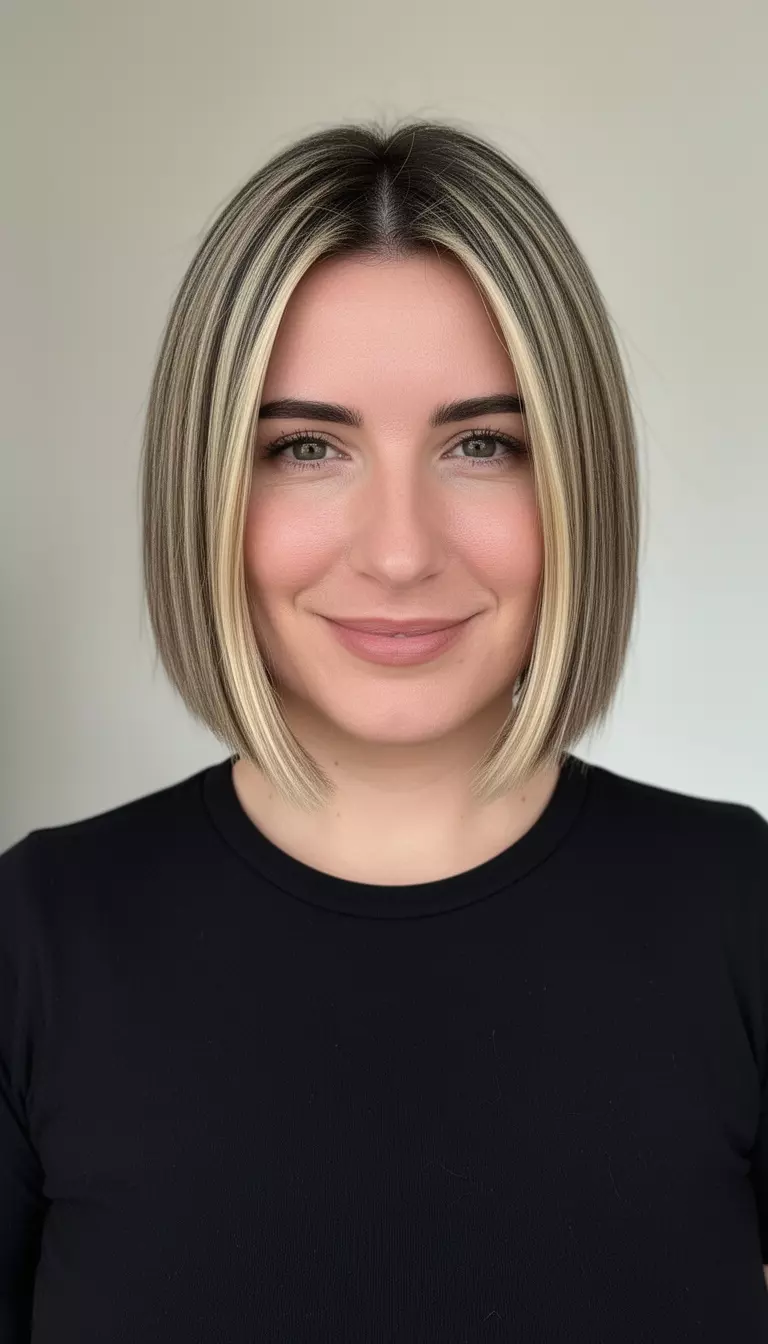 casual close-up photo of a 32-year-old woman wearing a black top with a sleek, straight, chin-length bob featuring blonde highlights and dark roots, minimal background