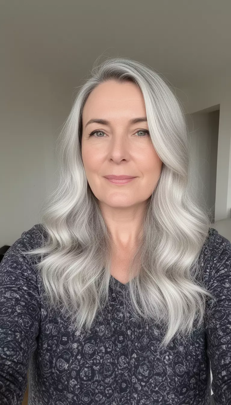 selfie of a 41-year-old woman wearing a dark patterned top with long, platinum blonde/ashy hair in loose waves past the shoulders, minimal background