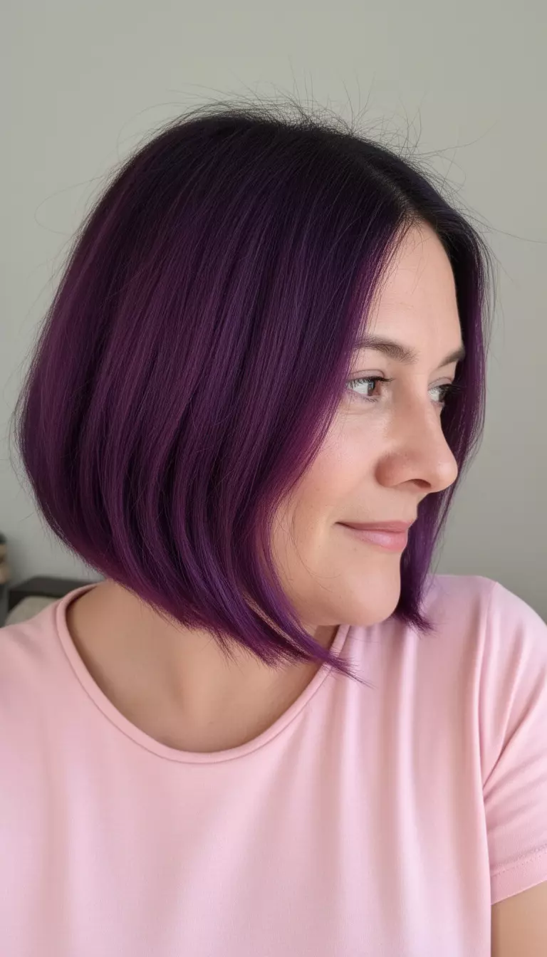 casual close-up photo of a 35-year-old woman wearing a light pink top with a chin-length bob dyed a deep purple with dark roots, side view, minimal background