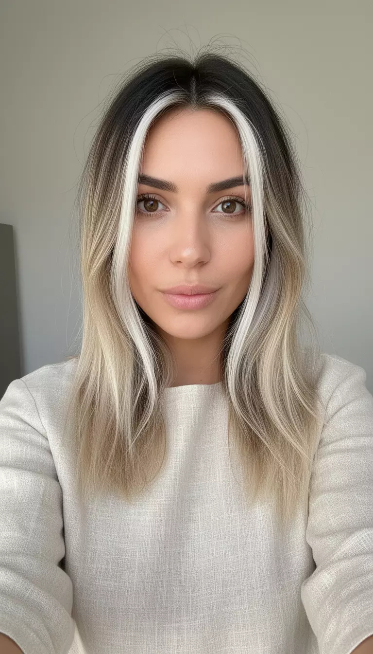 selfie of a 27-year-old woman wearing a light-colored linen top with blonde hair, dark roots, and face-framing platinum streaks, minimal background