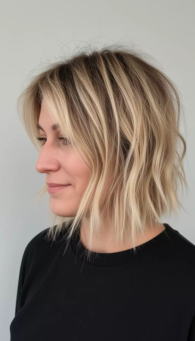 casual close-up photo of a 34-year-old woman wearing a simple black top with choppy, messy, medium-length blonde hair with highlights, side view, minimal background