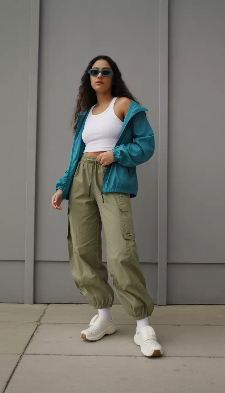 A beautiful woman in a white tank, olive green parachute pants, a teal windbreaker, white Hoka boots, and teal sunglasses.