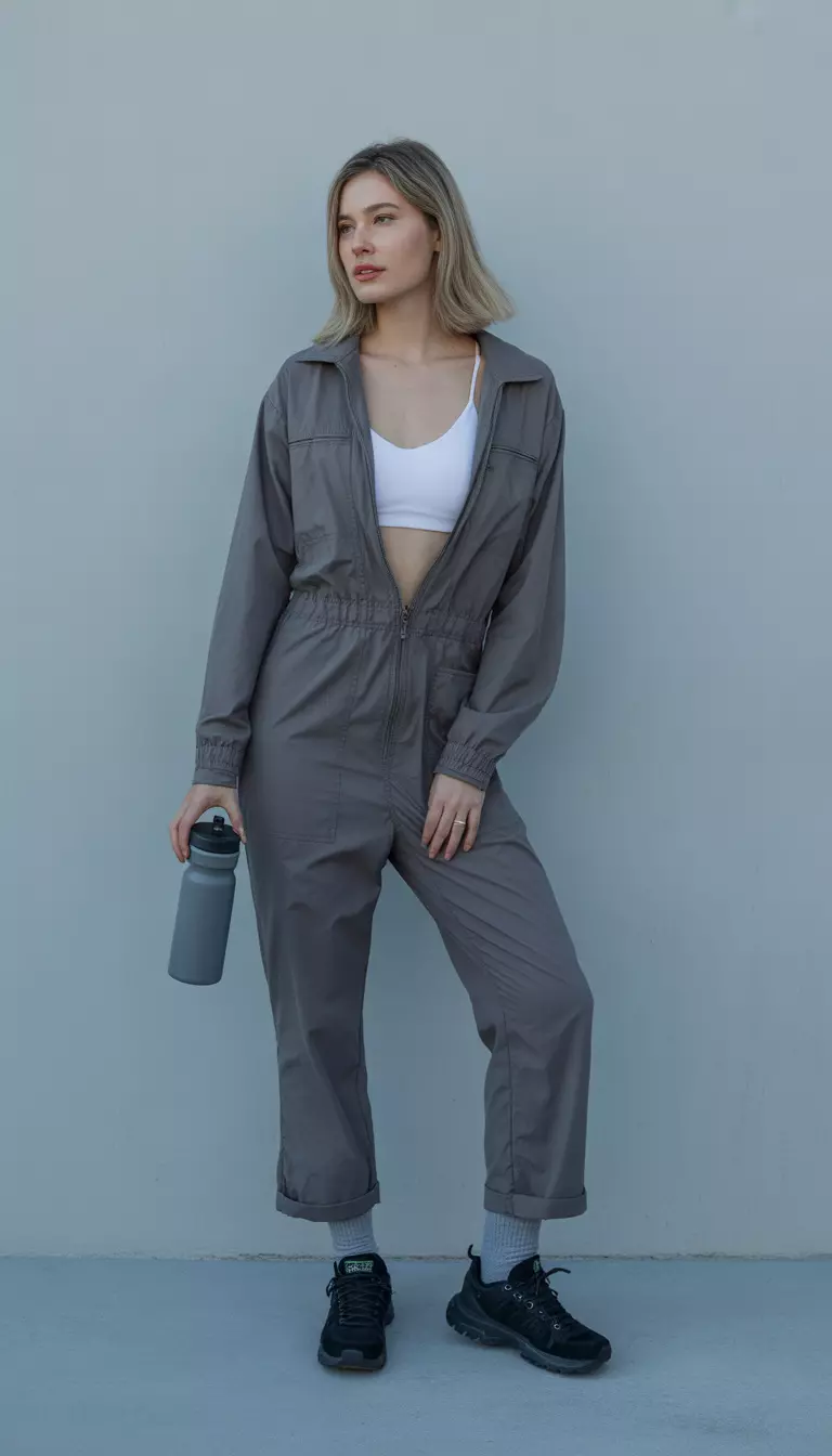 A beautiful woman in a gray jumpsuit, a white bra topper, black trail shoes, gray socks, and a gray water bottle.