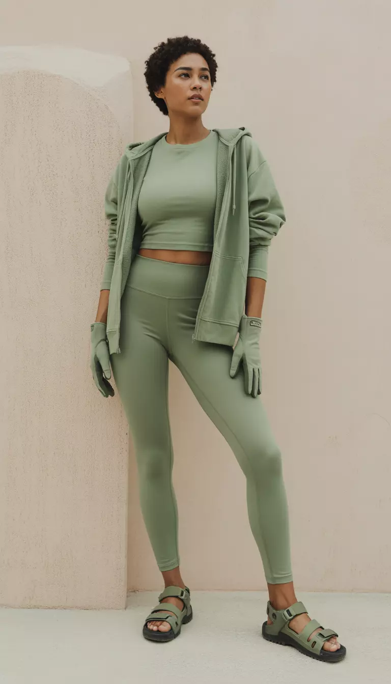 A beautiful woman in sage green high-rise soft sculpt leggings, a sage green rounded hem tee, a sage green hoodie, sage green hiking sandals, and sage green gloves.