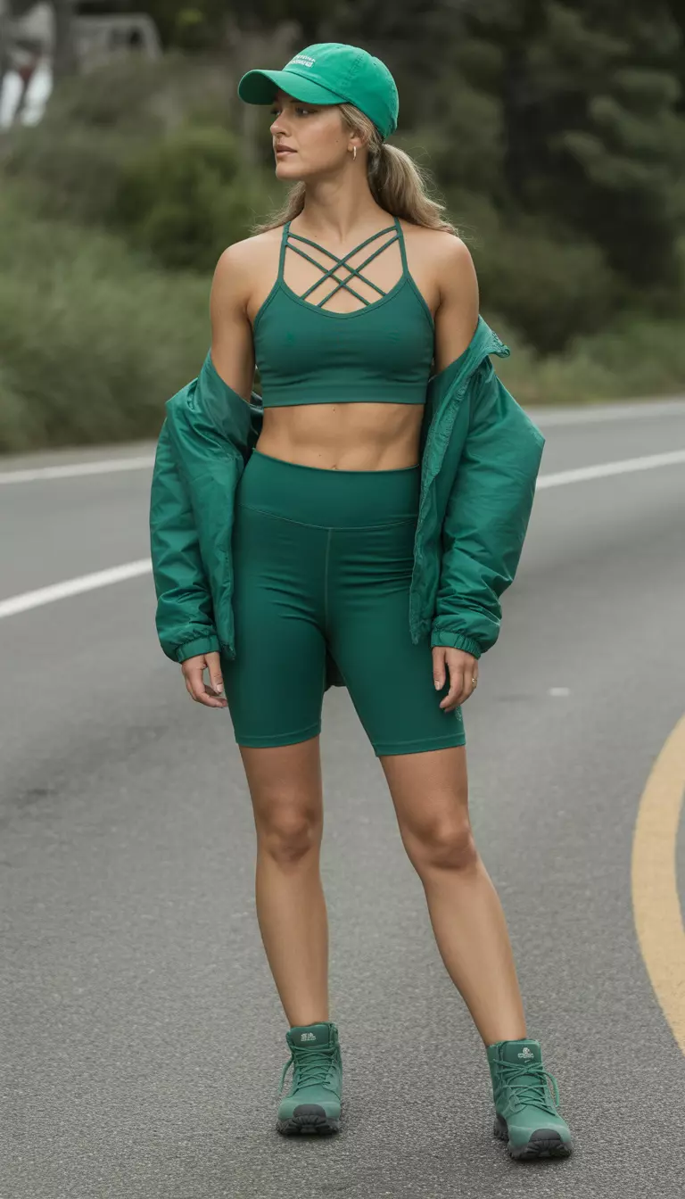 A beautiful woman in an emerald green strappy sports bra, emerald green biker shorts, an emerald green packable jacket, emerald green Merrell boots, and an emerald green cap.