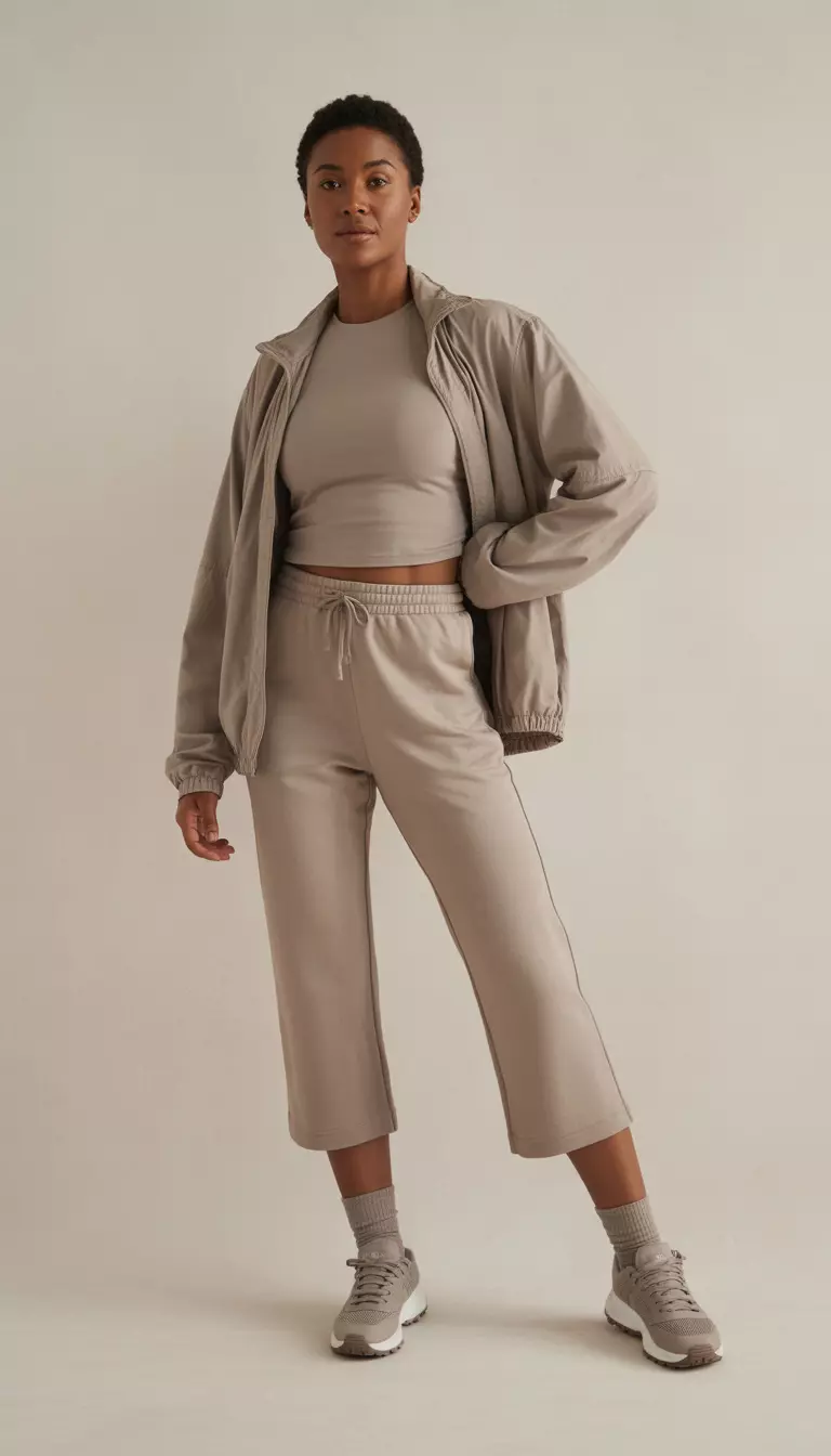 A beautiful woman in taupe soft sculpt cropped sweatpants, a taupe elevated basics tee, a taupe lightweight jacket, taupe trail sneakers, and taupe socks.
