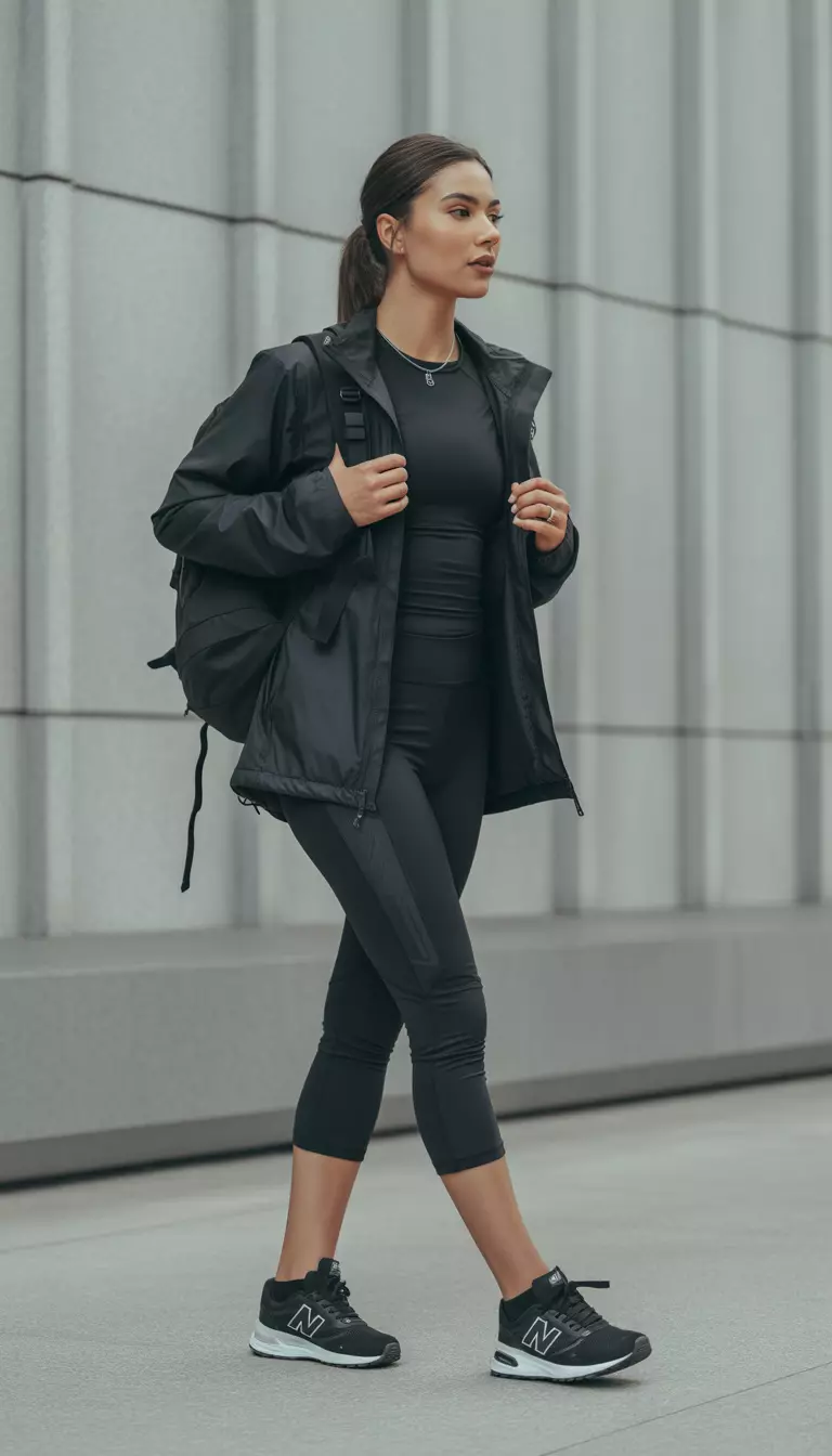 A beautiful woman in a black technical top, black capris, a black softshell jacket, black New Balance sneakers, and a black backpack.