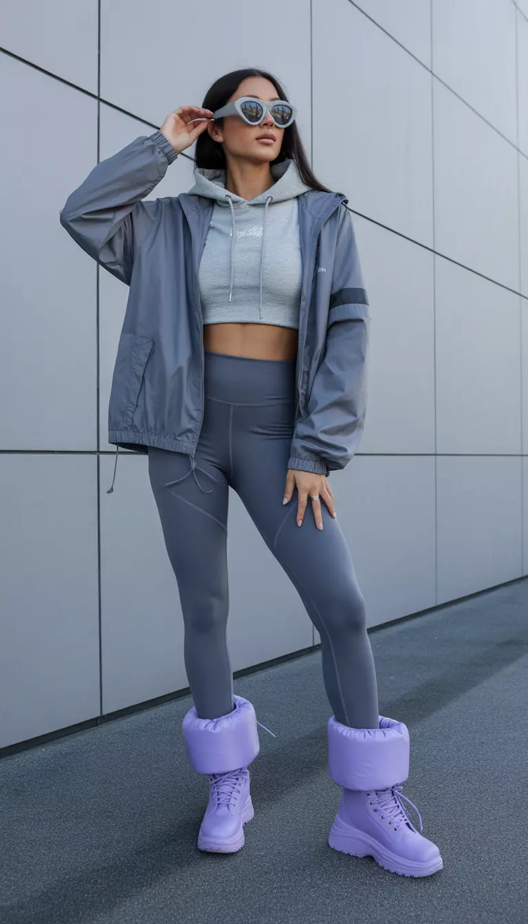 A beautiful woman in cool gray leggings, a gray cropped hoodie, a gray windbreaker, lavender On Cloud boots, and gray wraparound sunglasses.
