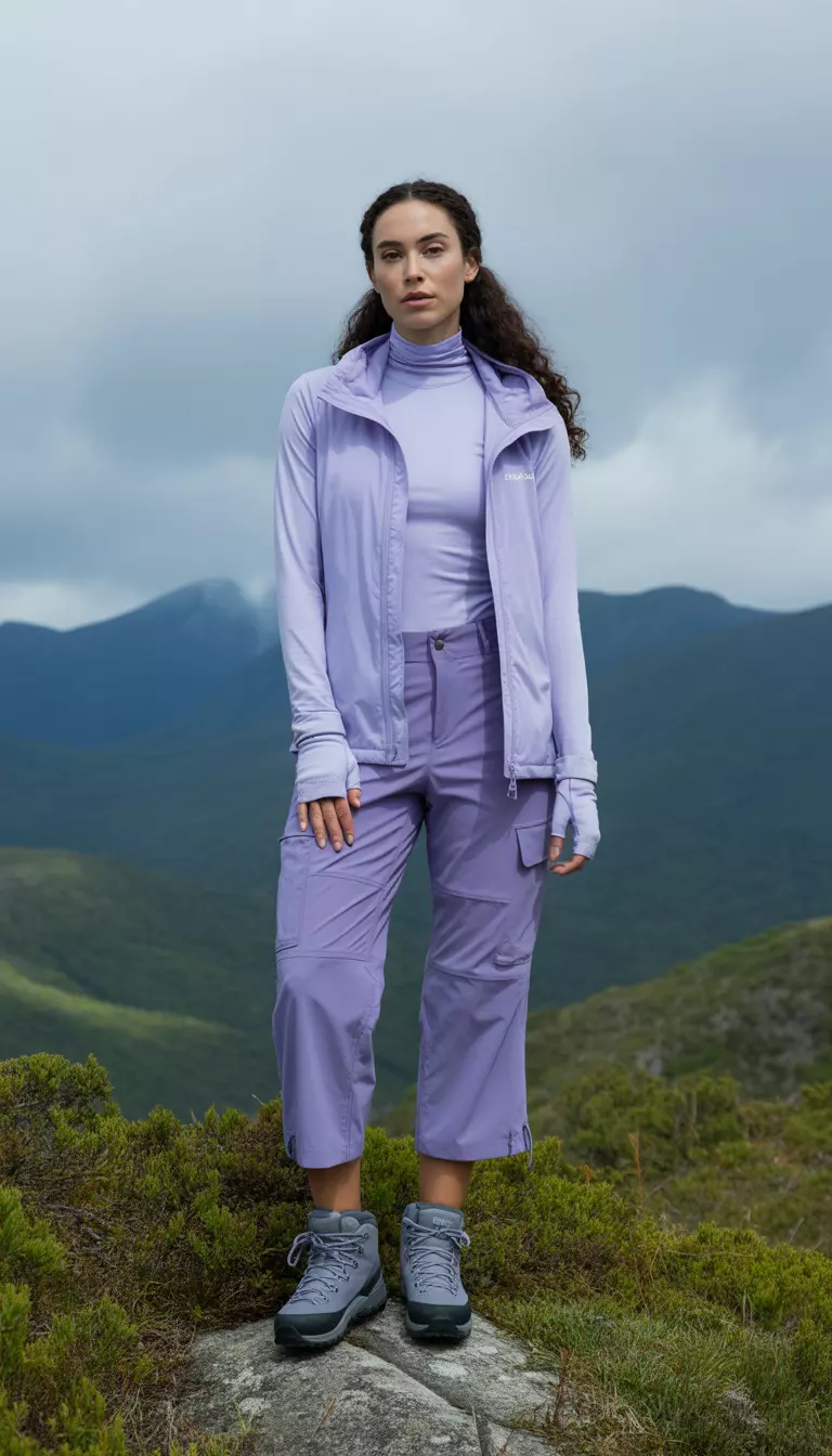 A beautiful woman in a lavender long-sleeve base layer shirt, lavender cargo capris, a packable lavender softshell jacket, gray On Cloud waterproof hiking boots, and lavender fingerless gloves.