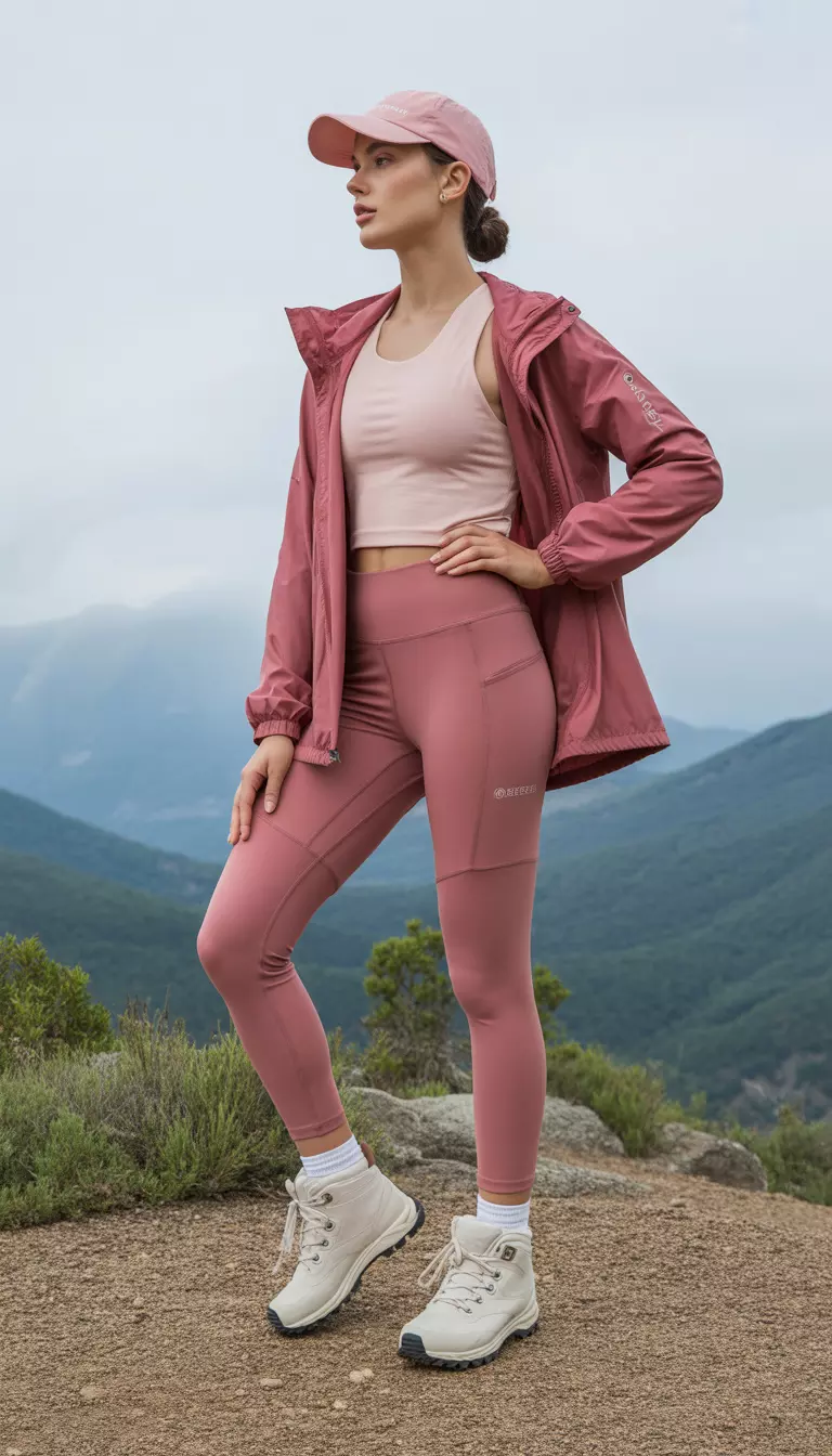 A beautiful woman in a soft pink moisture-wicking tank top, pink high-waisted hiking leggings, a pink windbreaker with UPF 50+ protection, white waterproof Merrell hiking boots, and a pink baseball cap.