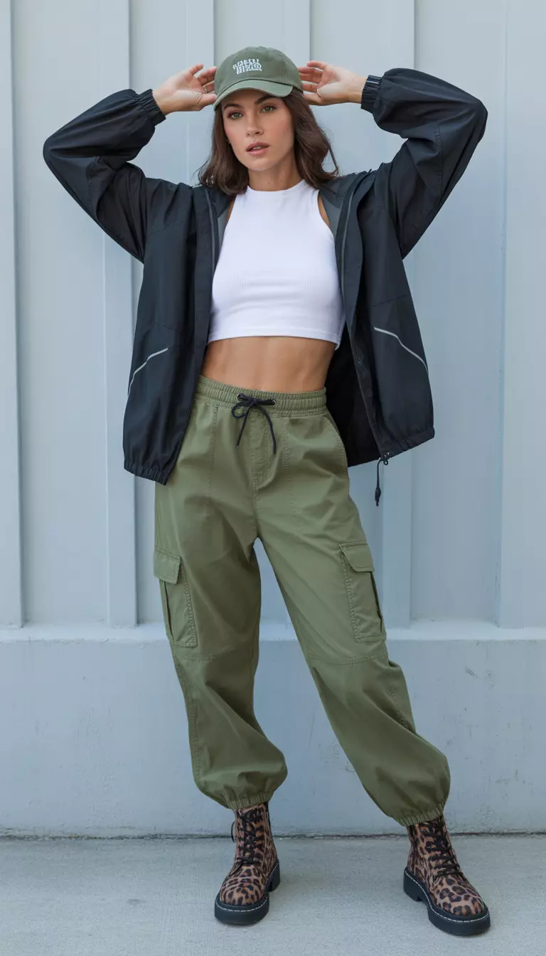 A beautiful woman in olive cargo joggers, a white cropped long-sleeve, a black hooded windbreaker, leopard print boots, and an olive cap.