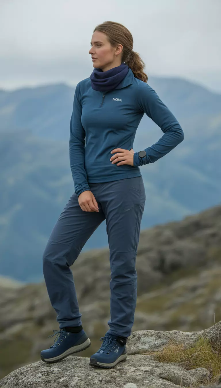 A beautiful woman in a navy blue moisture-wicking long-sleeve, navy blue woven hiking pants, a navy blue 1/4 zip fleece, navy Hoka boots, and a navy scarf.
