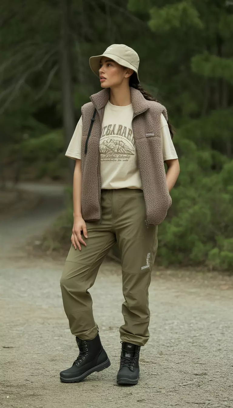 A beautiful woman in a cream graphic tee, khaki green hiking pants, a taupe fleece vest, black Danner waterproof boots, and a beige bucket hat.
