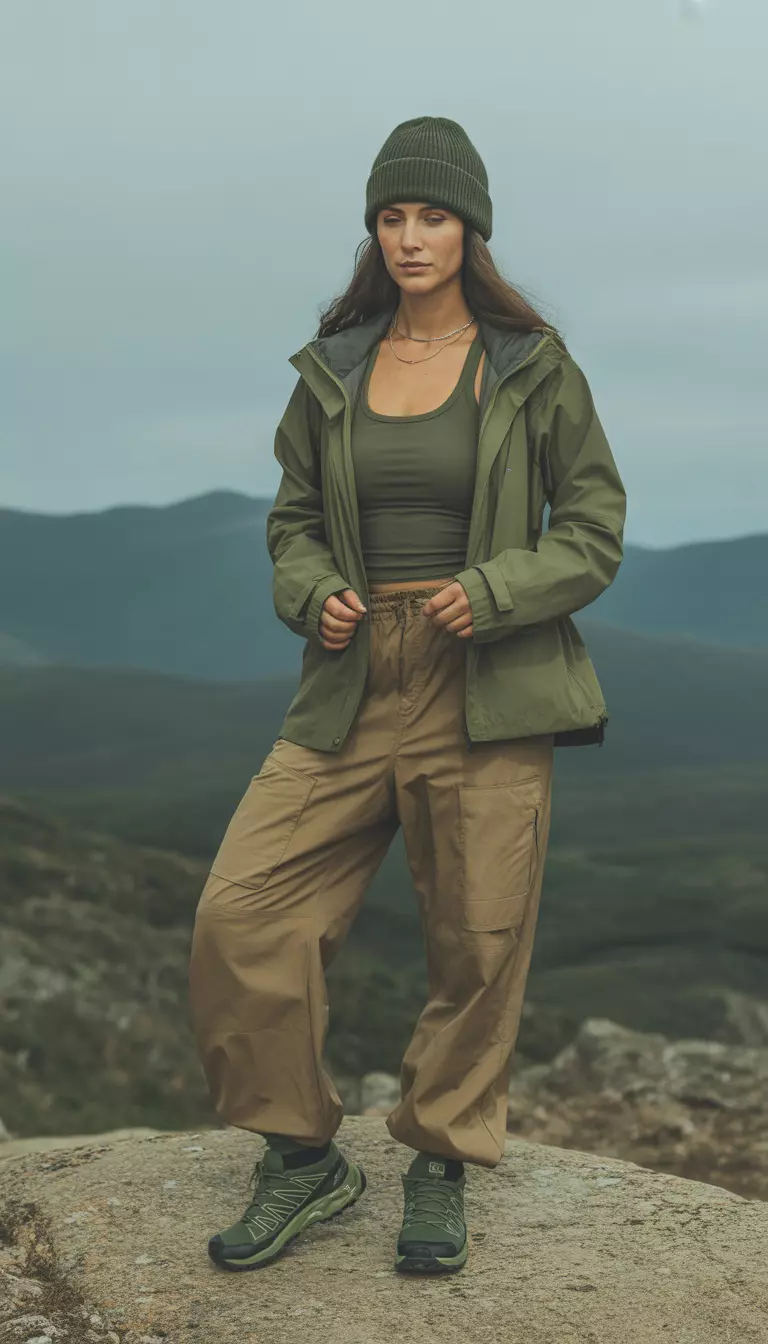 A beautiful woman in an army green tank top, army green baggy cargo pants, army green shell jacket, dark green Salomon trail shoes, and an army green beanie.