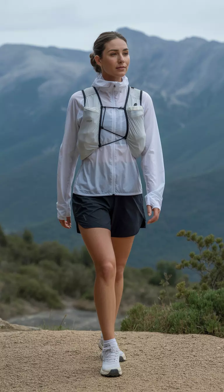 A beautiful woman in a white UPF 50+ thumbhole shirt, black high-waisted shorts, a light gray windbreaker, white trail runners, and a white hydration pack.