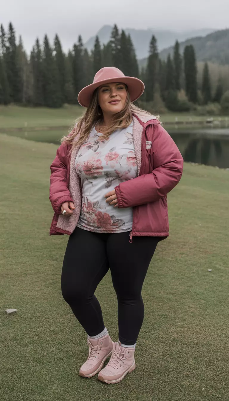 A beautiful woman in a floral print tee, black leggings, a pink fleece-trim jacket, pink Merrell boots, and a pink hat.