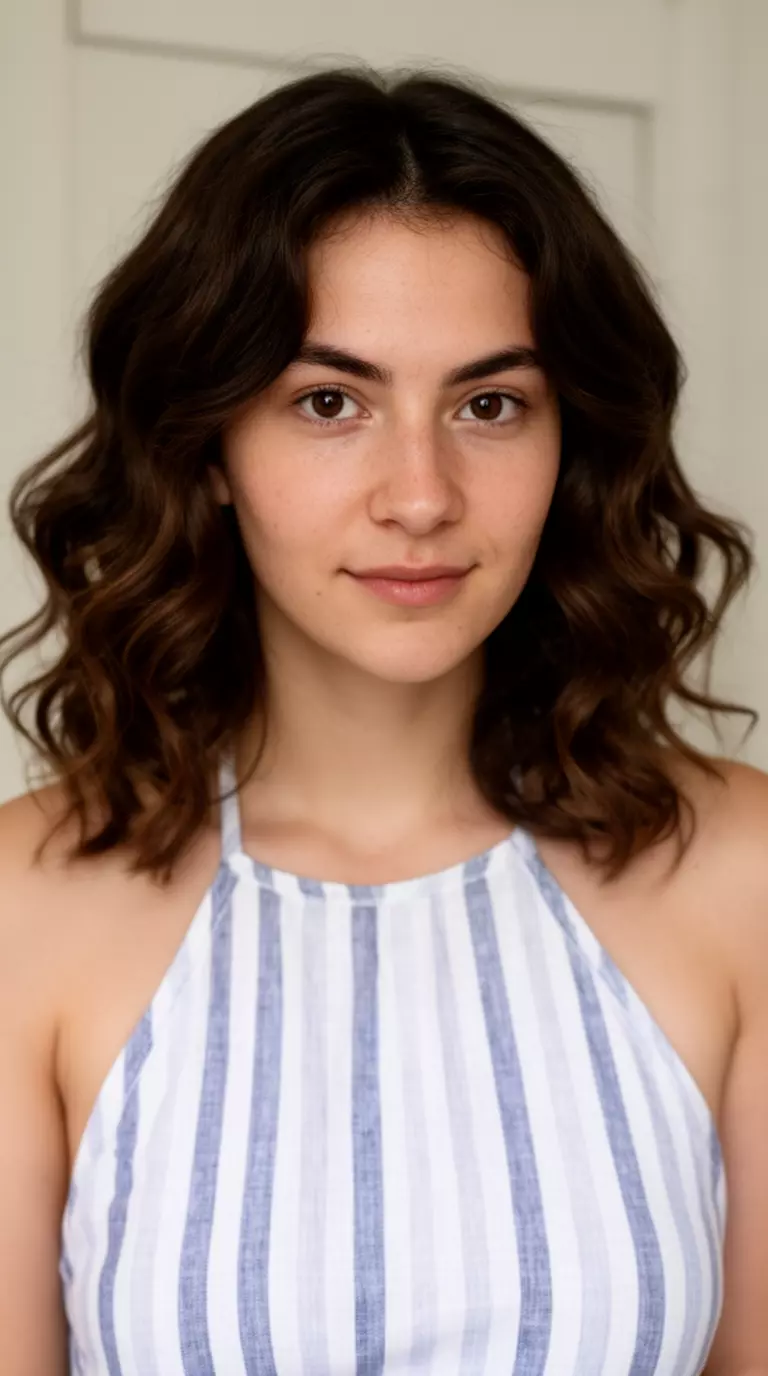 casual photo of a 25-year-old woman wearing a striped halter top with a dark brown wavy hairstyle, minimal background