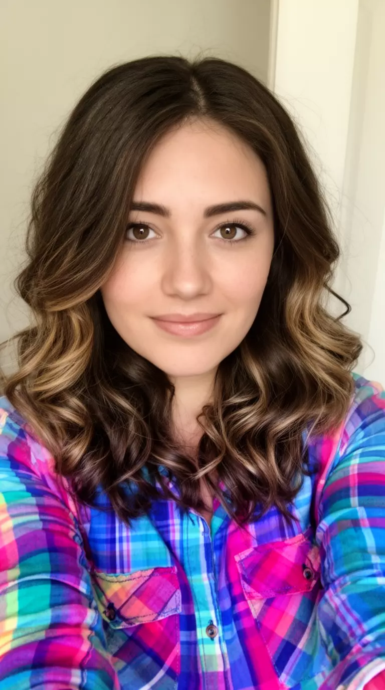 selfie of a 29-year-old woman wearing a colorful plaid shirt with a dark brown wavy medium-length hairstyle featuring lighter accents, minimal background