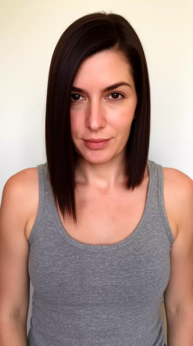 casual photo of a 35-year-old woman wearing a grey tank top with a straight dark brown hairstyle and a deep side part, minimal background