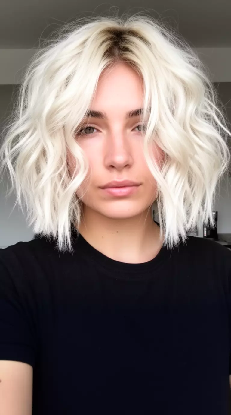 casual close-up photo of a 28-year-old woman wearing a black top with a platinum blonde voluminous choppy wavy bob hairstyle, minimal background